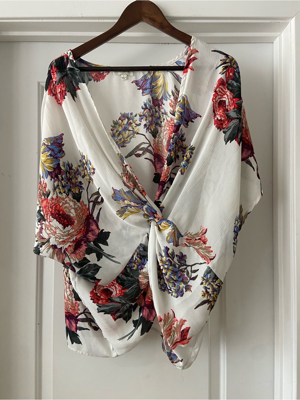 Umgee Floral Tie-Front Women’s Top - White with Red & Purple Blooms - Picture 2 of 5